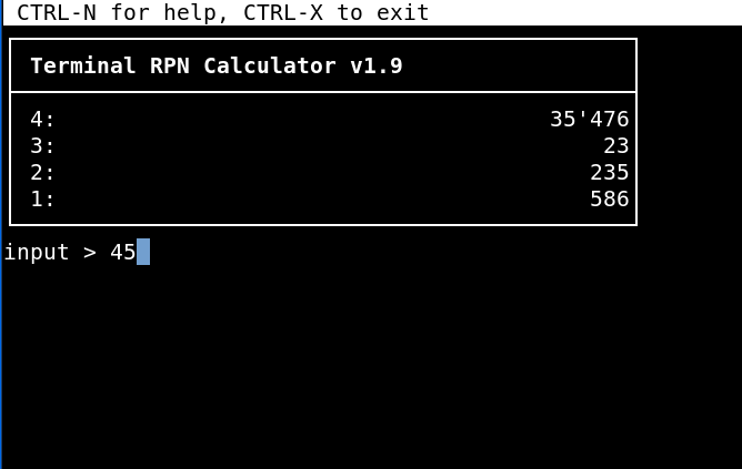 rpn calc v1.9 running in xfce4-terminal